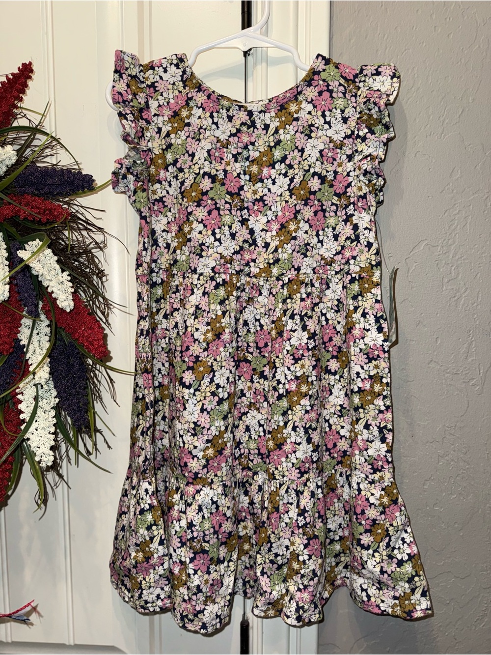 okie dokie Navy Floral Ruffle Sleeve Casual Dress with Pink & White Flowers